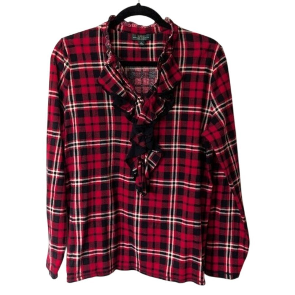 LRL Women's 100% Cotton Popover Top Red Plaid Long Sleeve Ruffles XL